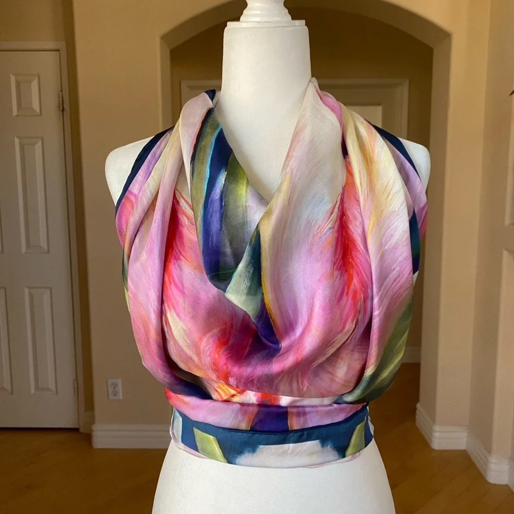 BONUS GIFT Mulberry Silk HANDMADE Vibrant Abstract Colorful Scarf Shawl Wrap